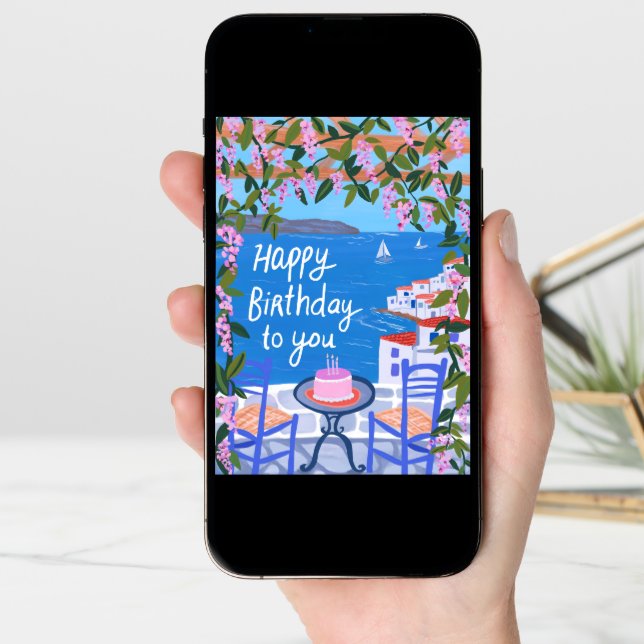 Greece Terrace Views Art Painting Happy Birthday Card (Front Digital)