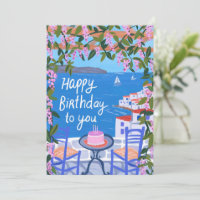 Greece Terrace Views Art Painting Happy Birthday