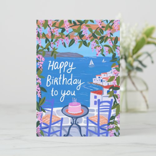 Greece Terrace Views Art Painting Happy Birthday Card