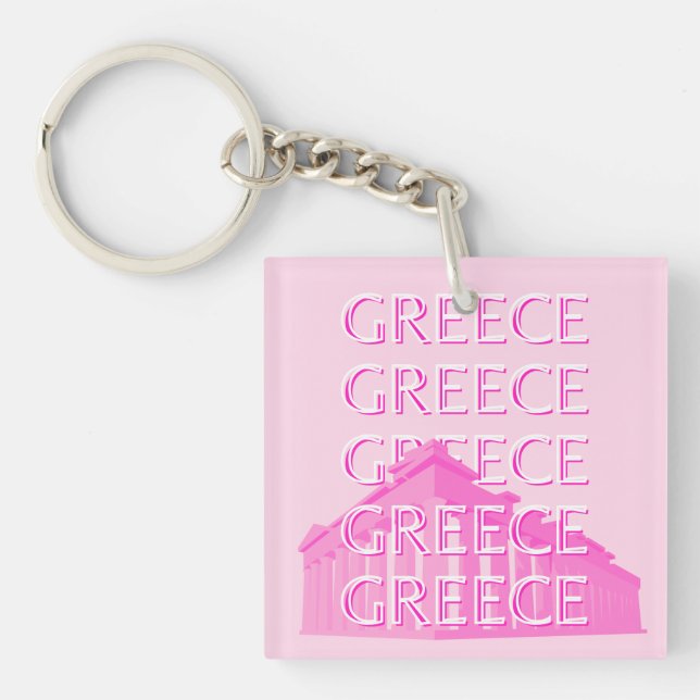 Greece, Travel Art, Pastel Travel Art, Pink Keychain (Front)