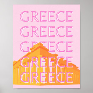 Greece, Travel Art, Pink Poster