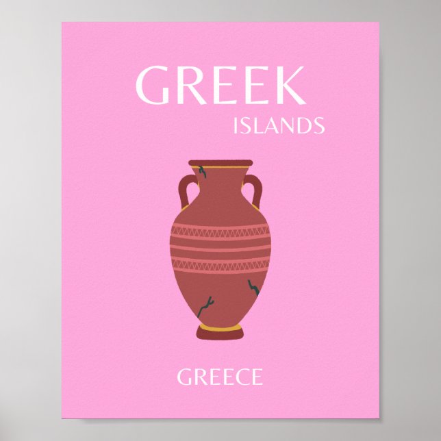 Greece, Travel Art, Preppy, Retro Art, Pink Poster (Front)