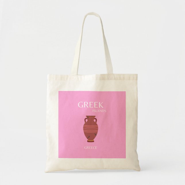 Greece, Travel Art, Preppy, Retro Art, Pink Tote Bag (Front)