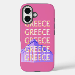 Greece Travel Art, Summer Travel Art, Retro, Pink iPhone 16 Case