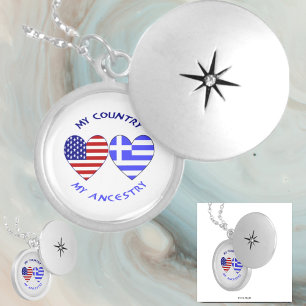Greece USA Heart Flags My Country My Ancestry Silver Plated Necklace