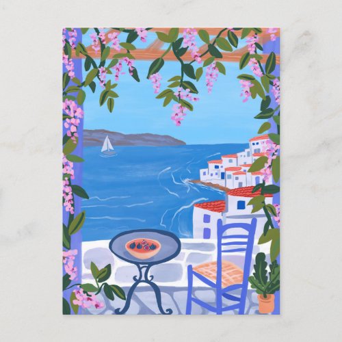 Greece Views from Terrace Gouache Painting  Postcard