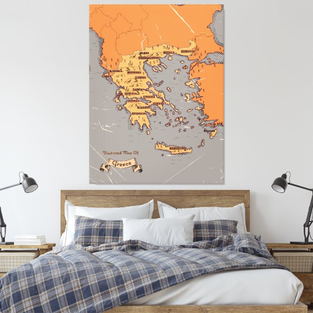 Greece Vintage Counties Map Canvas Print (Insitu(Bedroom))