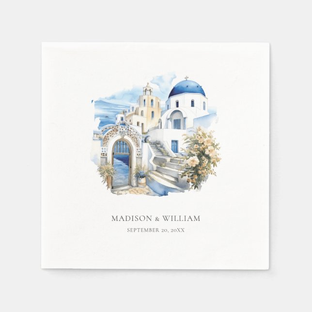 Greece Watercolor Personalized Minimal Wedding Napkins (Front)