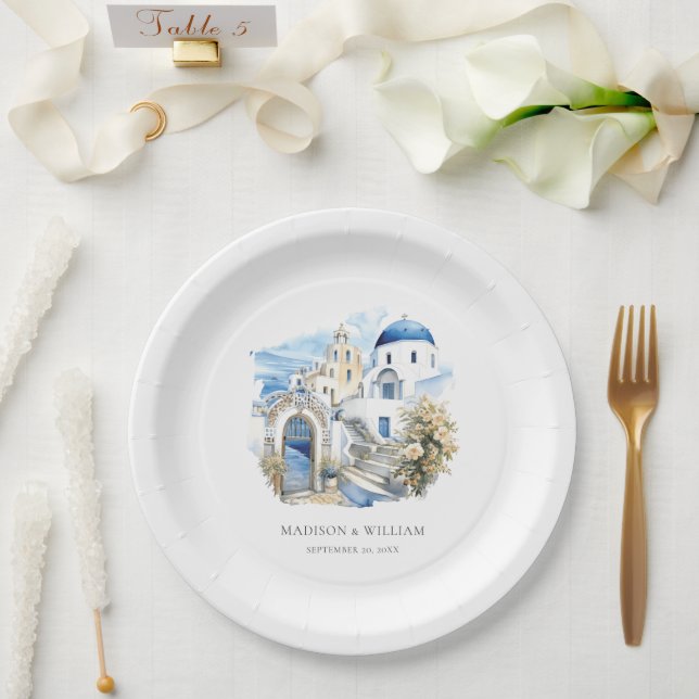 Greece Watercolor Personalized Minimal Wedding Paper Plates (Wedding)
