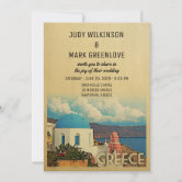 Watercolor Olive Blue tile Greece Wedding Invitation