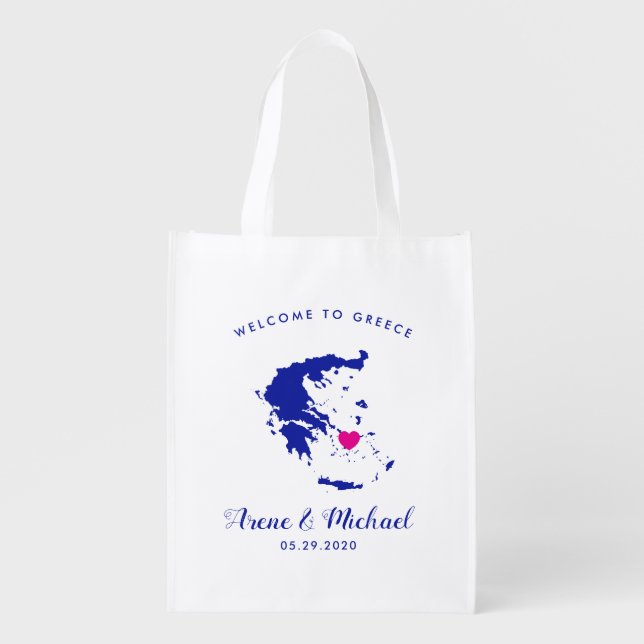 Greece Wedding Welcome Tote Bag, Blue & Pink (Front)