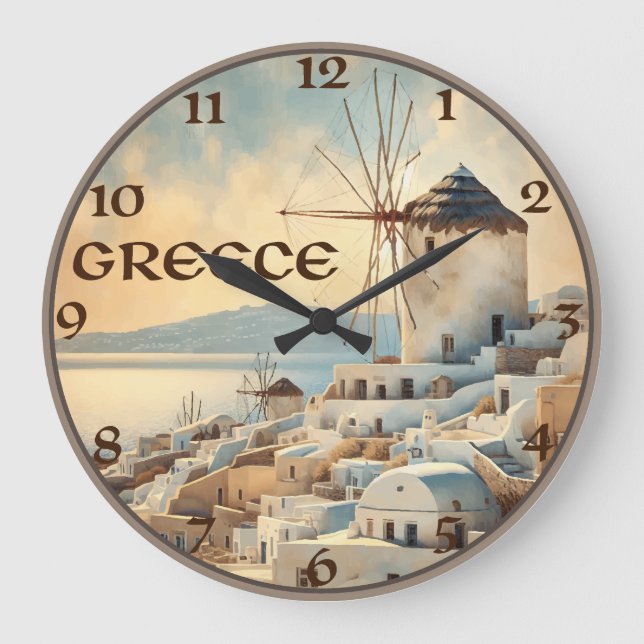 Greece Windmills of Mykonos Large Clock (Front)