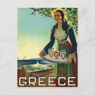 Greece, woman with traditional welcome, vintage postcard