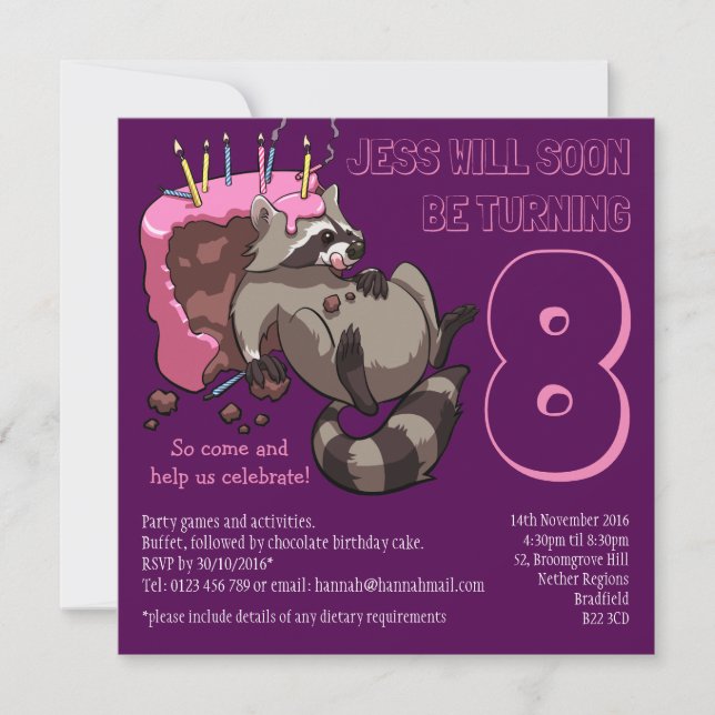 Greedy Raccoon Birthday Party Cake Cartoon Invitation (Front)