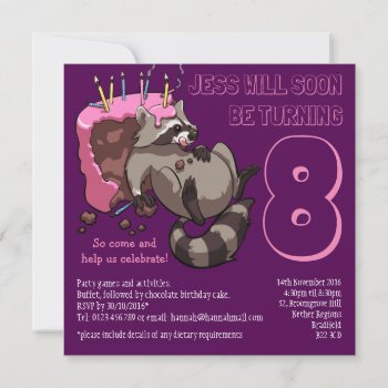 Greedy Raccoon Birthday Party Cake Cartoon Invitation by NoodleWings at Zazzle