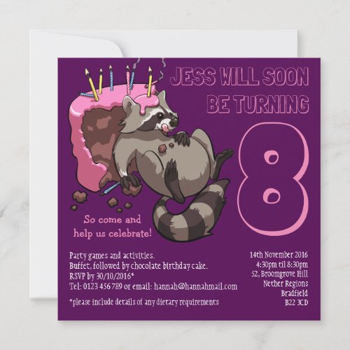 Greedy Raccoon Birthday Party Cake Cartoon Invitation
