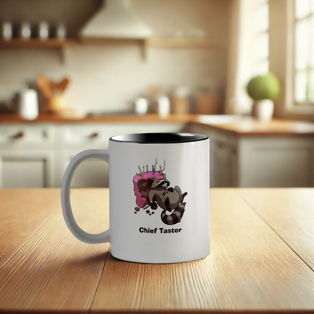 Greedy Raccoon Cake Thief Cartoon With Caption Two-Tone Coffee Mug (Creator Uploaded)