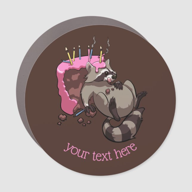 Greedy Raccoon Eating Iced Birthday Cake Cartoon Car Magnet (Front)