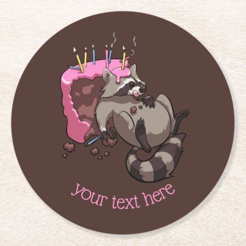 Greedy Raccoon Eating Iced Birthday Cake Cartoon Round Paper Coaster