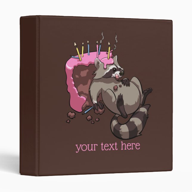 Greedy Raccoon Full of Birthday Cake Cartoon 3 Ring Binder (Front/Spine)