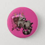 Greedy Raccoon Full Of Birthday Cake Cartoon Button at Zazzle