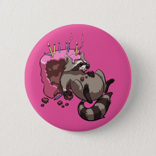 Greedy Raccoon Full of Birthday Cake Cartoon Button