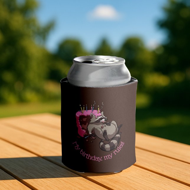 Greedy Raccoon Full of Birthday Cake Cartoon Can Cooler (Creator Uploaded)
