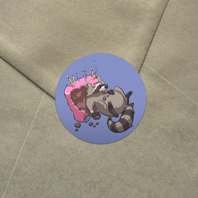 Greedy Raccoon Full of Birthday Cake Cartoon Classic Round Sticker (Creator Uploaded)