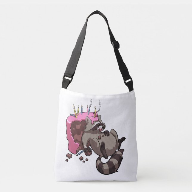Greedy Raccoon Full of Birthday Cake Cartoon Crossbody Bag (Front)
