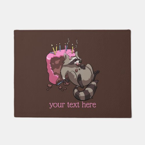 Greedy Raccoon Full of Birthday Cake Cartoon Doormat