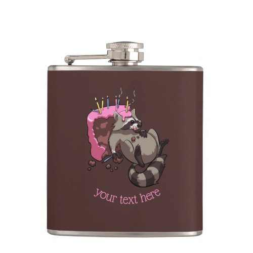 Greedy Raccoon Full of Birthday Cake Cartoon Flask