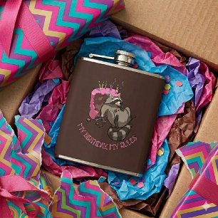 Greedy Raccoon Full of Birthday Cake Cartoon Flask
