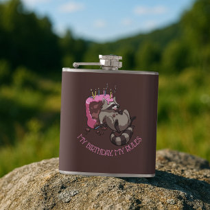 Greedy Raccoon Full of Birthday Cake Cartoon Flask