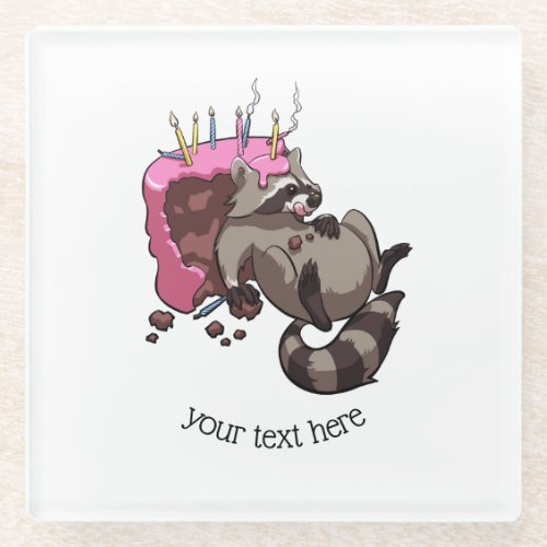 Greedy Raccoon Full of Birthday Cake Cartoon Glass Coaster