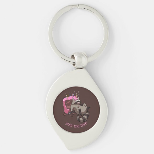 Greedy Raccoon Full of Birthday Cake Cartoon Keychain (Front)