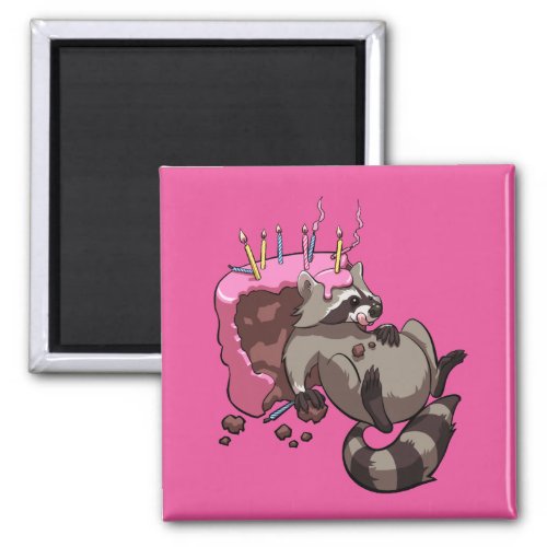 Greedy Raccoon Full of Birthday Cake Cartoon Magnet