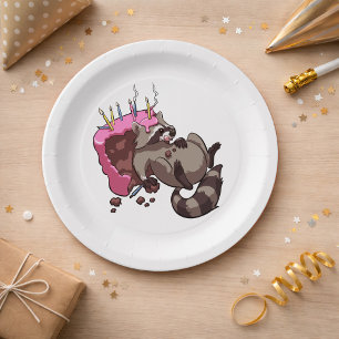 Greedy Raccoon Full of Birthday Cake Cartoon Paper Plates