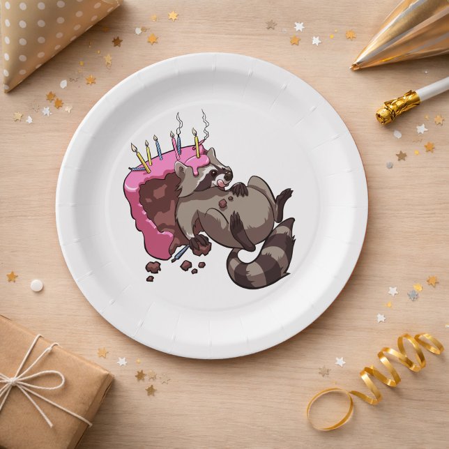 Greedy Raccoon Full of Birthday Cake Cartoon Paper Plates (Creator Uploaded)