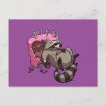 Greedy Raccoon Full Of Birthday Cake Cartoon Postcard at Zazzle