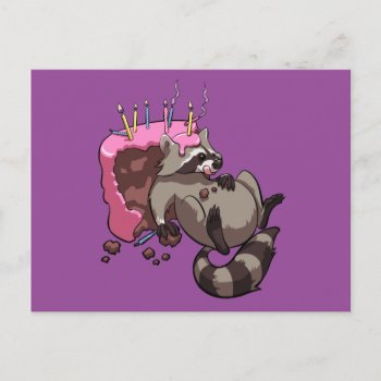 Greedy Raccoon Full Of Birthday Cake Cartoon Postcard by NoodleWings at Zazzle