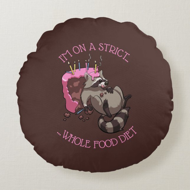 Greedy Raccoon Full of Birthday Cake Cartoon Round Pillow (Front)