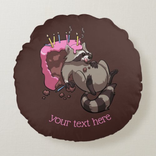 Greedy Raccoon Full of Birthday Cake Cartoon Round Pillow