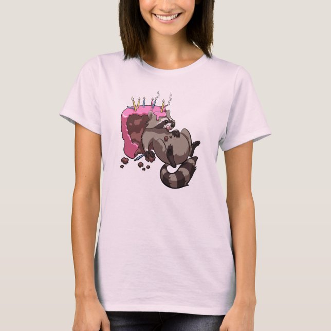 Greedy Raccoon Full of Birthday Cake Cartoon T-Shirt (Front)