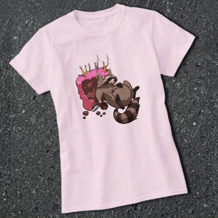 Greedy Raccoon Full of Birthday Cake Cartoon T-Shirt