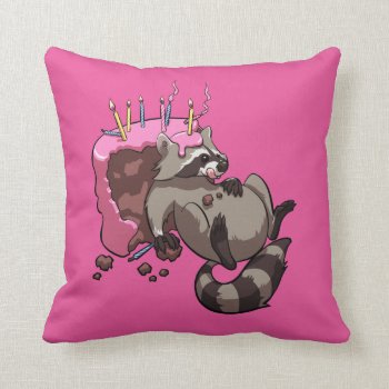 Greedy Raccoon Full Of Birthday Cake Cartoon Throw Pillow by NoodleWings at Zazzle
