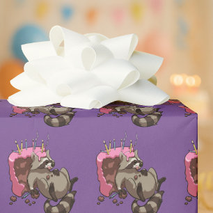 Greedy Raccoon Full of Birthday Cake Cartoon Wrapping Paper