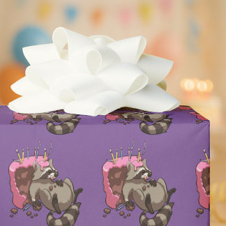 Greedy Raccoon Full of Birthday Cake Cartoon Wrapping Paper