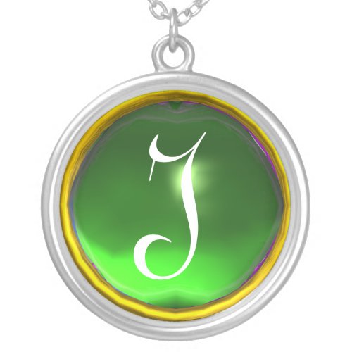 Greeen Emerald Gem  Monogram Silver Plated Necklace