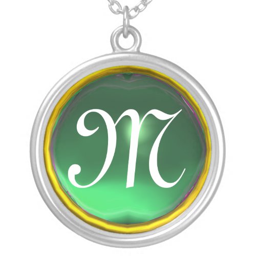 Greeen Jade Gem  Monogram Silver Plated Necklace