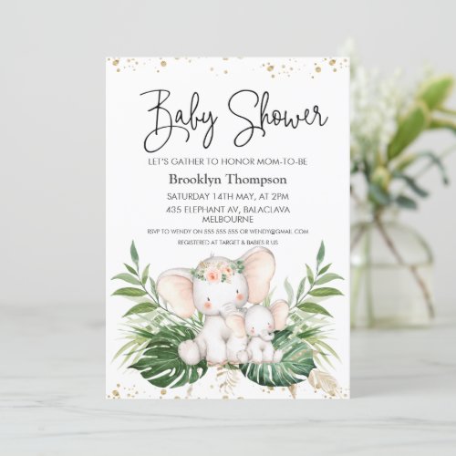 Greeery Gold Dots Elephant Baby Shower Invitation